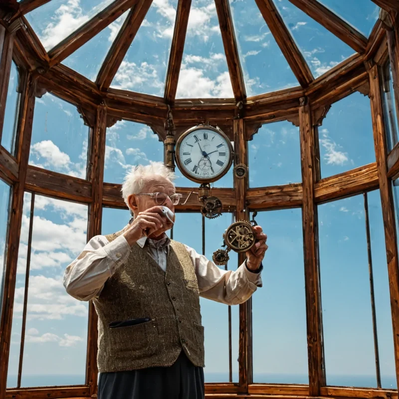 A horizontal, eyelevel medium shot of a quiet, floating sanctuary for mechanical timepieces suspended within a vast, cloudless azure sky. The structure is a delicate, octagonal pavilion constructed from weathered, honeycolored pine wood and framed by intricate, rusted copper gears that turn slowly in the breeze. In the center, an elderly horologist with kind, crinkled eyes and wearing a soft, tweed vest over a creamcolored shirt carefully cleans the lens of a complex, brass pocket watch with a velvet cloth. The air is filled with tiny, shimmering dust motes that dance in the bright, midday sunlight filtering through the transparent, stainedglass roof panels, while below, a sea of soft, white cumulus clouds