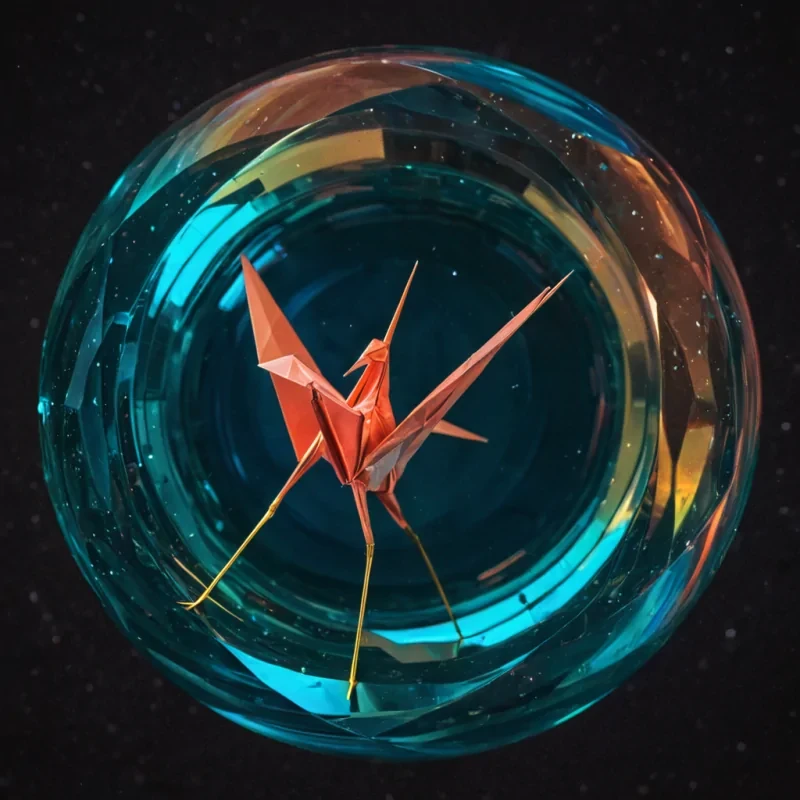 A horizontal, macrolevel closeup of a delicate, translucent origami crane constructed from layers of iridescent, oilslicked soap film, floating in zero gravity inside a spherical chamber filled with swirling, viscous liquid gold. The cranes folds are sharply defined, catching intense, specular highlights that fracture into prismatic rainbows across its surface. Surrounding the figure are suspended, geometric shards of obsidian glass, each reflecting a distorted, kaleidoscopic view of a distant, starfilled cosmos through the chambers curved, crystalclear walls. The background is a deep, velvety void of midnight blue, punctuated by soft, outoffocus bokeh lights in hues of coral and teal, creating a dreamlike, eth