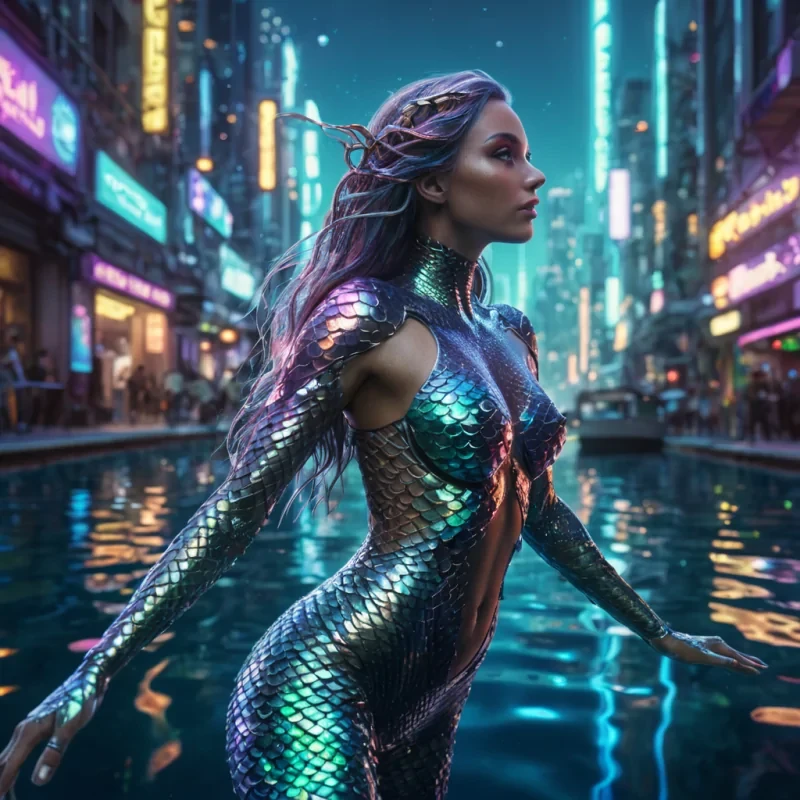 A cyborg mermaid with iridescent scales, swimming through a neonlit underwater metropolis, hyperrealistic, ultra HD, cinematic lighting, volumetric lighting, atmospheric effects, bokeh effect, lens flare, vibrant colors, detailed textures.