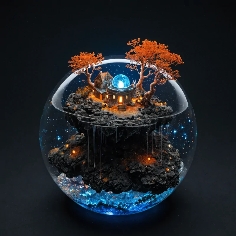 A macro, isometric perspective of a miniature, floating island composed of stacked, porous volcanic rock and vibrant, neonorange lichen, hovering in a vacuum of deep, starry space. The island supports a tiny, intricate village constructed from translucent, iridescent abalone shell fragments and spun glass, connected by delicate bridges of liquid silver that flow like mercury. In the center, a singular, glowing tree made of fiberoptic cables pulses with soft, rhythmic white light, its branches ending in small, floating lanterns of warm amber glass. The scene is illuminated by the harsh, direct light of a distant blue dwarf star, casting sharp, highcontrast shadows and creating a vivid chromatic aberration effect around the edges of the floating