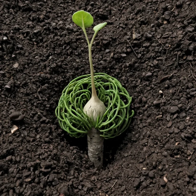 A single, selfrotating obsidian seed of reversed growth, shaped like a 3,742dimensional helix of unformed germination and inverted biology, pulses at the center of a vast, inverted forest of solidified decay  each root forged from the exact moment between a sprout breaking through soil and its refusal to unfurl, a bud swelling in the dark and dissolving into nonphotosynthetic stillness, a spore drifting on the wind and collapsing into pure, unmeasured nonlife. The seed does not nurture life  it unnurtures it, each spiraling filament shedding a layer of vegetal potential that never coalesced into chlorophyll, reforming into ephemeral, cobaltve