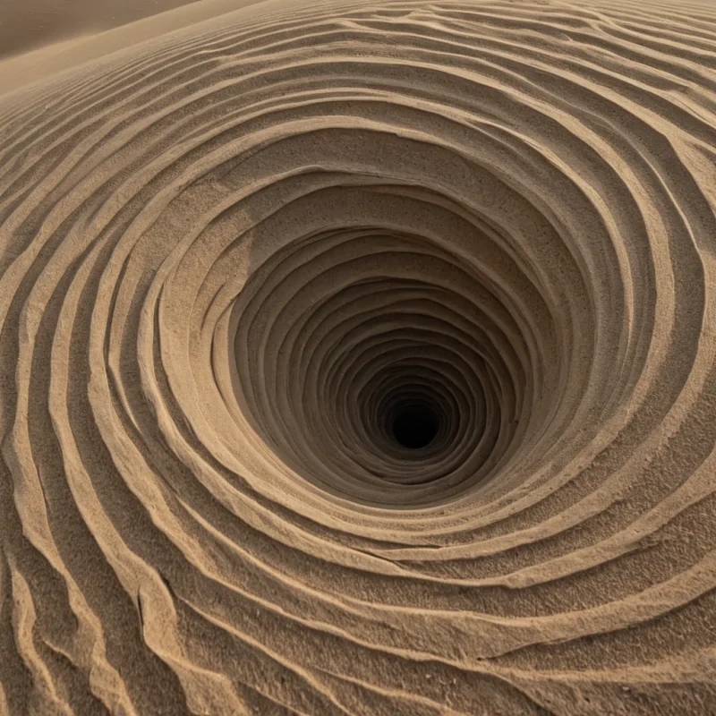 A single, selfreversing vortex of compressed silence, shaped like a 137dimensional helix of unformed stillness and inverted resonance, rotates at the center of a vast, inverted desert of solidified windeach dune sculpted from the petrified instant between a gusts rise and its refusal to dissipate, a whispers formation and its containment in the air, a breaths exhalation and its sudden, silent collapse into the void. The vortex does not spinit unspins, each spiraling filament shedding a layer of kinetic potential that never coalesced into a shared motion, reforming into ephemeral, obsidianthreaded afterimages shaped like the negative space between two lungs that never synchronized,
