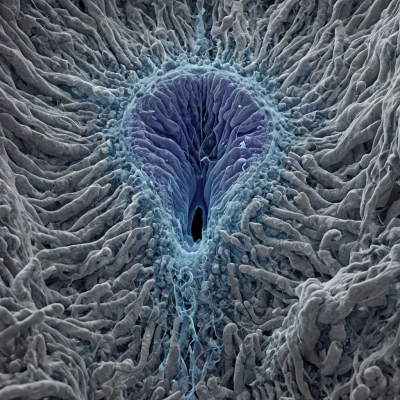 A single, selfreplicating swarm of inverted breath, shaped like a 373dimensional cloud of unformed exhalation and reversed respiration, drifts through the center of a vast, inverted lung of solidified stillnesseach alveolus frozen midinflation at the exact moment between a gas exchange occurring and its refusal to be completed, a diaphragm contracting and its sudden dissolution into nonmuscular membrane, a breath entering and its unraveling into pure, unoxygenated void. The swarm does not breatheit unbreathes, each shimmering microparticle shedding a layer of respiratory potential that never coalesced into a shared inhalation, reforming into ephemeral, azurite