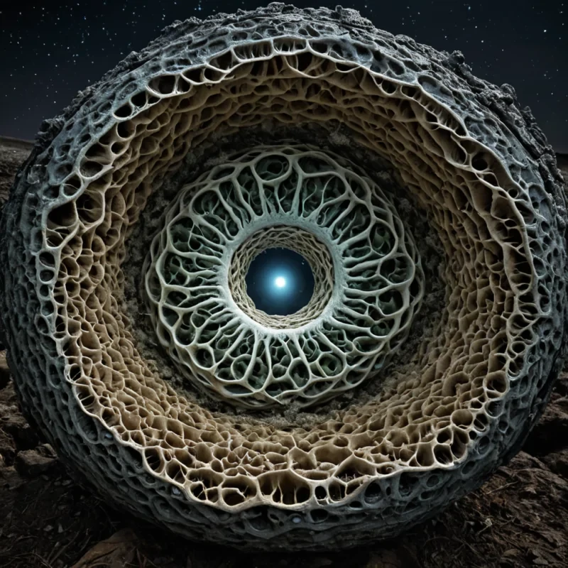 A single, selfilluminating spore of solidified twilight, shaped like a 9dimensional torus of inverted growth and unformed decay, drifts through the center of a vast, inverted mycelium network woven from the petrified sighs of a civilization that measured life not by birth, but by the duration of synchronized, silent breaths held just before the first root was ever allowed to pierce the surface of a world that never knew soil. The spore does not glowit unbreathes, each pulse shedding a layer of vegetal potential that never coalesced into a shared emergence, reforming into ephemeral, emeraldveined afterimages shaped like the negative space between two hands that never cr