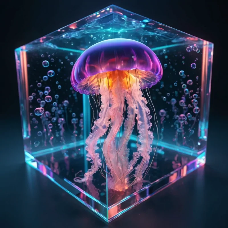 Hyperrealistic neon jellyfish with reflective metallic tendrils drifting in a cubic topaz chamber filled with ethereal quantum vapor, holographic bubbles floating in dynamic lighting, soft focus, vibrant colors, 4K