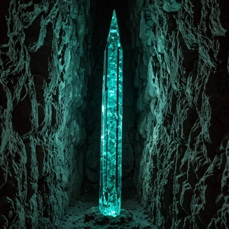 A photorealistic, wormseye perspective shot looking up through a narrow, vertical shaft of polished, translucent quartz crystal into a vast, subterranean geode chamber. The inner walls of the shaft are lined with rows of tiny, bioluminescent fungal growths that emit a soft, ethereal teal glow, illuminating the intricate, geometric facets of the surrounding rock. Floating freely in the center of the shaft is a complex, asymmetrical mobile constructed from thin sheets of hammered copper and suspended, dripping liquid silver, rotating slowly in the still air. The mobile reflects the ambient light, casting distorted, elongated shadows against the crystalline walls. The lighting is moody and atmospheric, with volumetric beams of soft white light filtering down