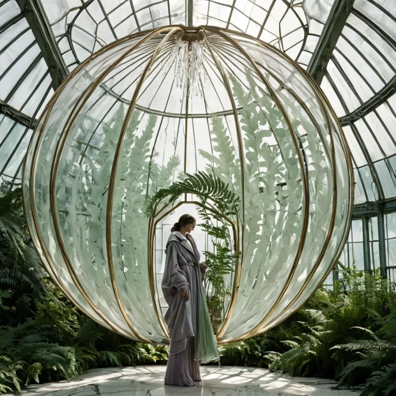 A hyperrealistic, eyelevel medium shot of a solitary figure standing inside a colossal, spherical greenhouse constructed from interlocking, hexagonal panes of frosted crystal and aged brass frames, suspended in a dense, mistfilled atmosphere of soft, diffused morning light. The interior is dominated by massive, sculptural formations of smooth, white marble that twist into organic, helical shapes, adorned with cascading curtains of translucent, silklike fern fronds that glow with a faint, internal emerald luminescence. The figure wears a structured, asymmetrical coat made of woven, iridescent cellophane and raw linen in shades of pale lavender and silver, holding a delicate, handheld instrument crafted from polished bone and gold wire that emits