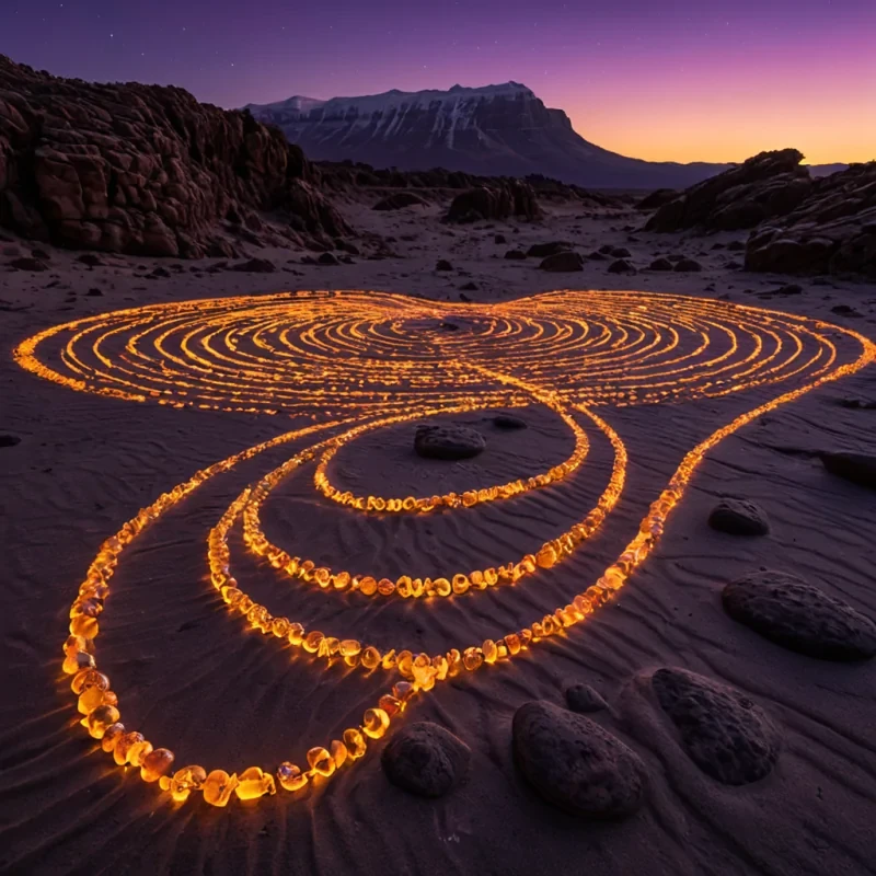 A photorealistic, wideangle shot of a vast, suspended desert landscape where the sand consists of millions of tiny, polished amber beads that shimmer under a twilight sky filled with swirling, electricpurple auroras. In the center lies a massive, ancient calendar stone carved from dark basalt, featuring intricate geometric grooves that pulse with a soft, warm orange light. Hovering just above the stone is a solitary, translucent figure made entirely of woven light fibers, resembling a traditional dancer in midpirouette, with their limbs stretching into long, luminous trails that distort the air around them. The ground is scattered with smooth, riverworn stones of varying sizes, each containing a frozen, miniature landscape of snowcapped mountains or dense forests