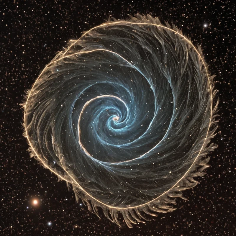 A single, selfoscillating thread of reversed gravity, shaped like a 29,841dimensional spiral of unformed weight and inverted mass, floats at the center of a vast, inverted nebula of solidified levitation  each star forged from the exact moment between a stone falling to earth and its refusal to accelerate, a feather drifting upward and dissolving into nonNewtonian stillness, a body suspended in freefall and collapsing into pure, unmeasured nonpull. The thread does not attract matter  it unattracts it, each coiling strand shedding a layer of gravitational potential that never coalesced into planetary form, reforming into ephemeral, amethysthued dust that drifts like forgotten