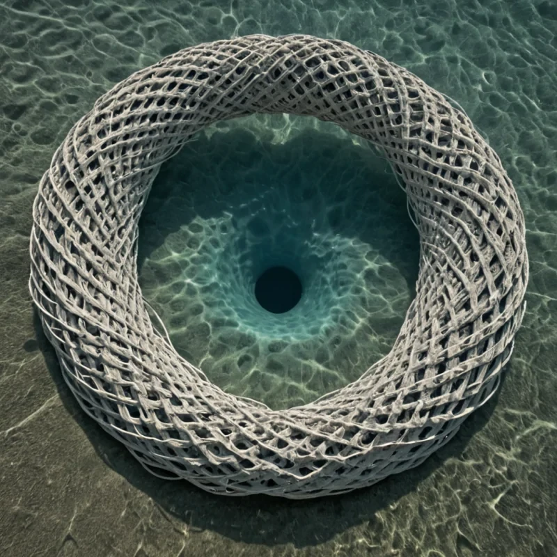 A single, selffragmenting knot of solidified moonlight, shaped like a 42dimensional Mbius strip woven from reversed chronons and unformed silence, pulses at the center of a vast, inverted lagoon composed entirely of petrified breath and suspended moments of unshared dreams. The knot does not mirrorit unsees, each ripple dissolving a layer of perceptual potential that never coalesced into a shared vision, reforming into ephemeral, silverthreaded afterimages shaped like the negative space between two eyelids that never opened in the same moment of mutual awakening. The lagoon is not aquaticit is a stratified expanse of compressed imagination, each wave a fossilized thought held just before the first