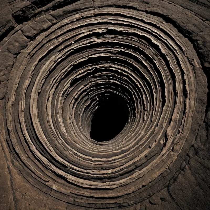 A single, selferoding spiral of solidified silence rotates in the center of a vast, still canyon carved entirely from the accumulated weight of unspoken names. The spiral does not decayit unnames, each fragment peeling away like a word that never existed, revealing a hollow core shaped like the negative space between two mouths that never whispered the same name in the dark. The canyon is not rockit is a layered expanse of petrified air, each stratum etched with the emotional residue of a name that was almost called, its walls shimmering with the faint, infrasonic afterimage of a breath held too long. The sky is not lightit is a slow, rotating tapestry of unlit constellations,