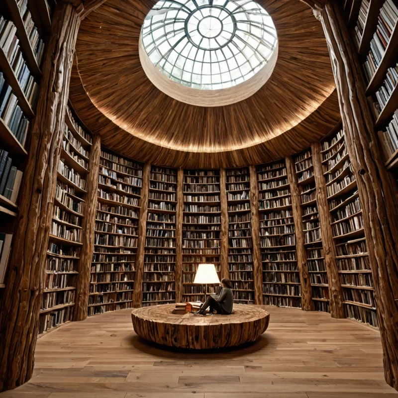 A groundlevel, eyelevel perspective of a colossal, vertical library constructed within the hollowedout trunk of a massive, fossilized hollowlog structure made of petrified wood with a smooth, varnished interior surface. The walls are lined with infinite, horizontal shelves carved directly into the wood, holding thousands of books bound in materials ranging from textured leather and woven fabric to translucent crystal and brushed metal. The central space is illuminated by soft, warm light filtering through a series of circular skylights high above, casting long, dramatic shafts of dustmotefilled light that highlight the intricate grain of the wood. In the foreground, a reader wearing a cozy, knitted sweater in deep forest green sits on a suspended, circular reading nook platform made