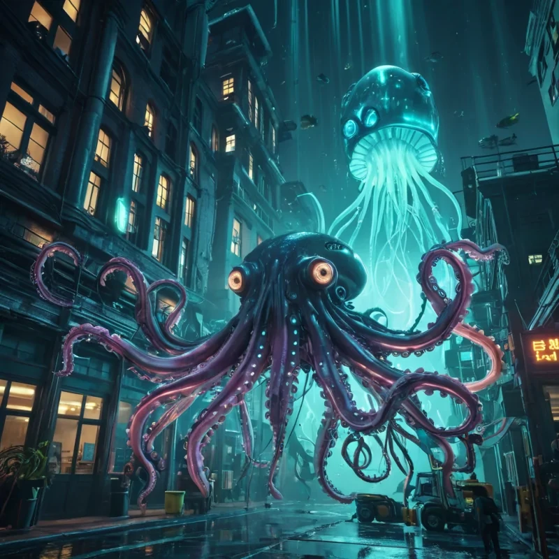 A giant, mechanical squid with bioluminescent tentacles emerges from a neonlit, underwater city, its eyes glowing with an eerie intelligence as it interacts with a school of robotic fish, hyperrealistic, 4K, cinematic lighting, volumetric lighting, atmospheric effects, dynamic lighting, lens flare, vibrant colors, detailed textures.