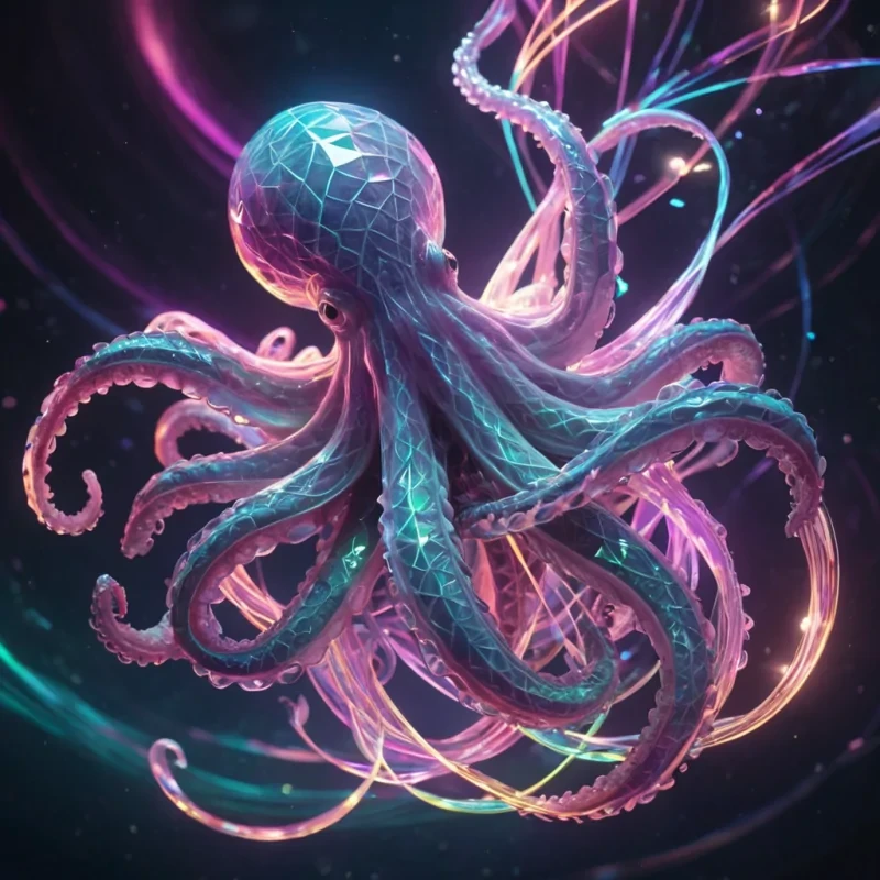 Hyperrealistic neon kraken with iridescent tendrils, gracefully swirling through a floating, geometric prism of reflective, swirling pastel rhombuses, dynamic lighting with volumetric beams, soft focus on its delicate, luminescent body, vibrant colors, 4K resolution, lens flare dancing around its ethereal form in a surreal, futuristic sky sanctuary.