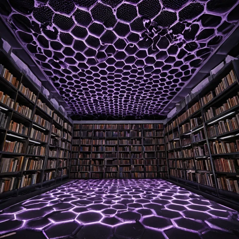 A hyperrealistic, eyelevel shot of a quiet, empty library room where the floor is a seamless, dark, matte slate, covered in a single, sprawling, intricate arrangement of dried, translucent honeycomb structures that have been preserved in a state of perfect, geometric symmetry. The honeycomb is not yellow, but a deep, resonant, ultraviolet violet, glowing with a soft, internal pulse that casts long, sharp, prismatic shadows across the pristine white surface. Suspended in the air above the honeycomb is a swarm of thousands of tiny, perfect, spherical beads of liquid mercury, each one reflecting the violet light and creating a dazzling, shimmering canopy of metallic spheres. The beads are arranged in a complex, threedimensional lattice