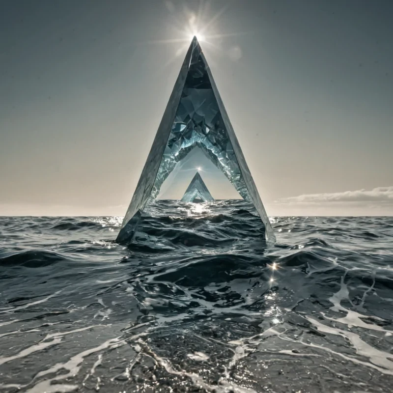 A single, selfreflecting shard of compressed stillness, shaped like a 19dimensional fractal prism of inverted perception and unformed awareness, hovers at the center of a vast, inverted ocean of solidified dreams  each wave sculpted from the petrified subconscious of a civilization that measured identity not by name, but by the duration of synchronized, breathless silences held just before the first thought was ever permitted to crystallize into a self in a world where introspection was forbidden. The shard does not mirror  it unthinks, each refractive facet shedding a layer of cognitive potential that never coalesced into a shared consciousness, reforming into ephemeral, moonstonethreaded afterimages shaped like the negative space