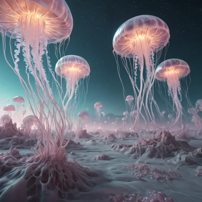 A vast, alien landscape with floating, crystalline structures that emit a soft, pulsating glow, as levitating, jellyfishlike creatures with intricate, glowing patterns drift gently through the air, hyperrealistic, ultra HD, cinematic lighting, volumetric lighting, atmospheric effects, soft focus, pastel tones, detailed textures.