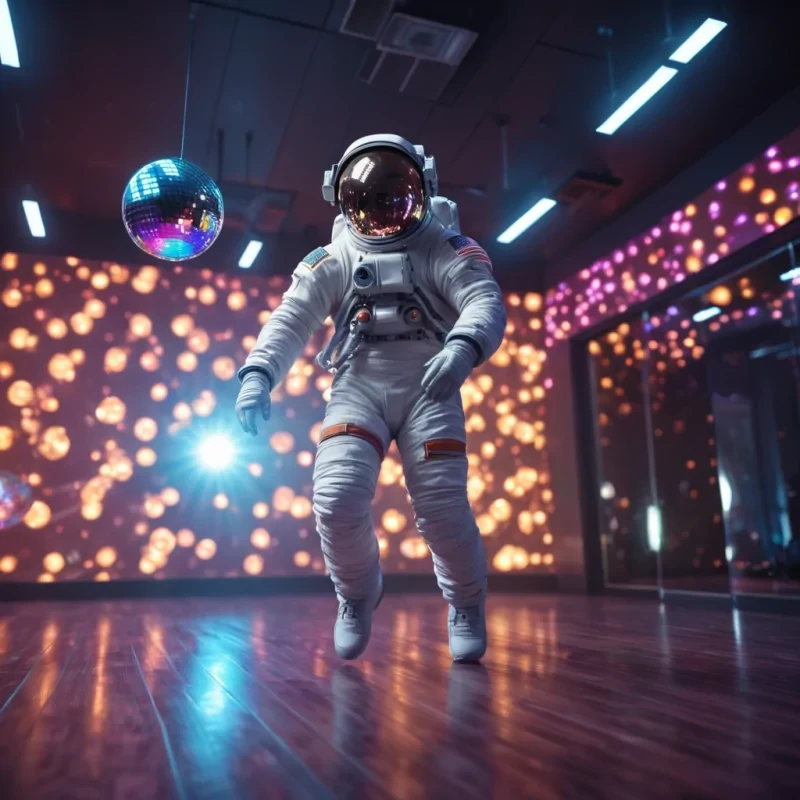 A lone astronaut drifting in a zerogravity dance studio, illuminated by rotating, holographic disco balls, hyperrealistic, 4K, cinematic lighting, volumetric lighting, atmospheric effects, dynamic lighting, bokeh effect, soft focus, lens flare, vibrant colors, detailed textures.