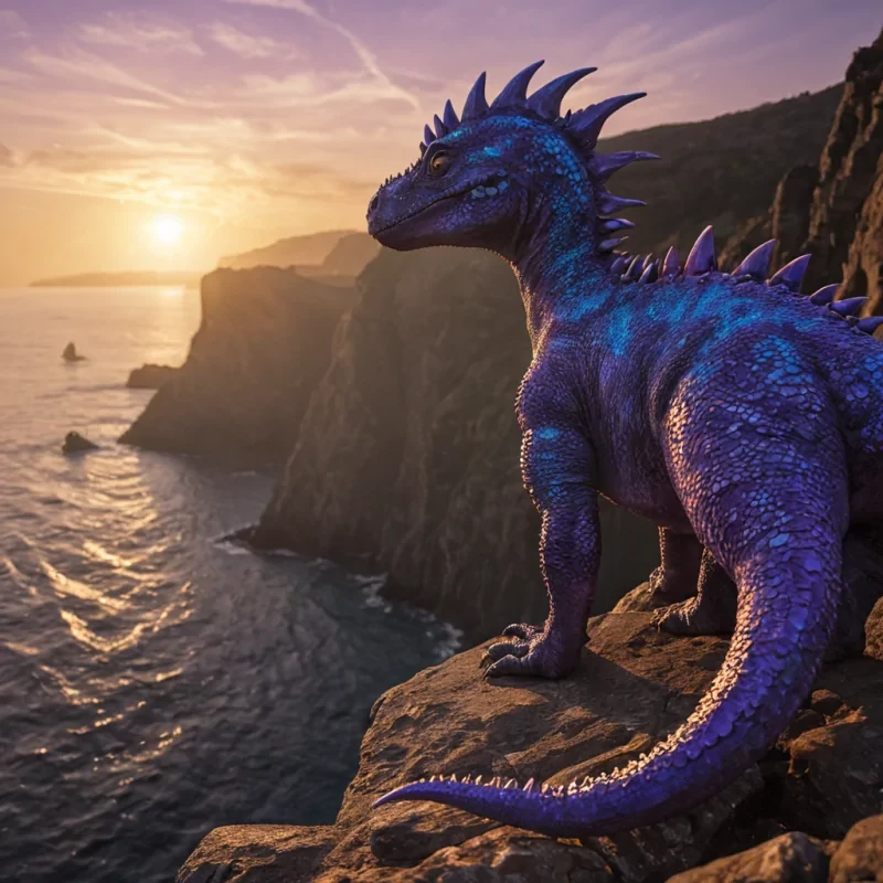 A dinosaurlike creature with scaly violet skin and electricblue spikes on its back stands gracefully on a rocky cliff, overlooking a shimmering sea. Its eyes glow with an innerfires warmth, enchanted by the golden hues of sunset reflected on the calm waters below. The air holds a touch of soft fog, creating an ethereal ambiance. The scene is lit by a radiant sun descending near the horizon, casting dramatic shadows and highlighting the detailed textures of the cliffs and the creatures. Volumetric lighting accentuates the curve of its tail as it sways gently in the breeze, while a subtle Bokeh effect adds depth to the surrounding landscape.