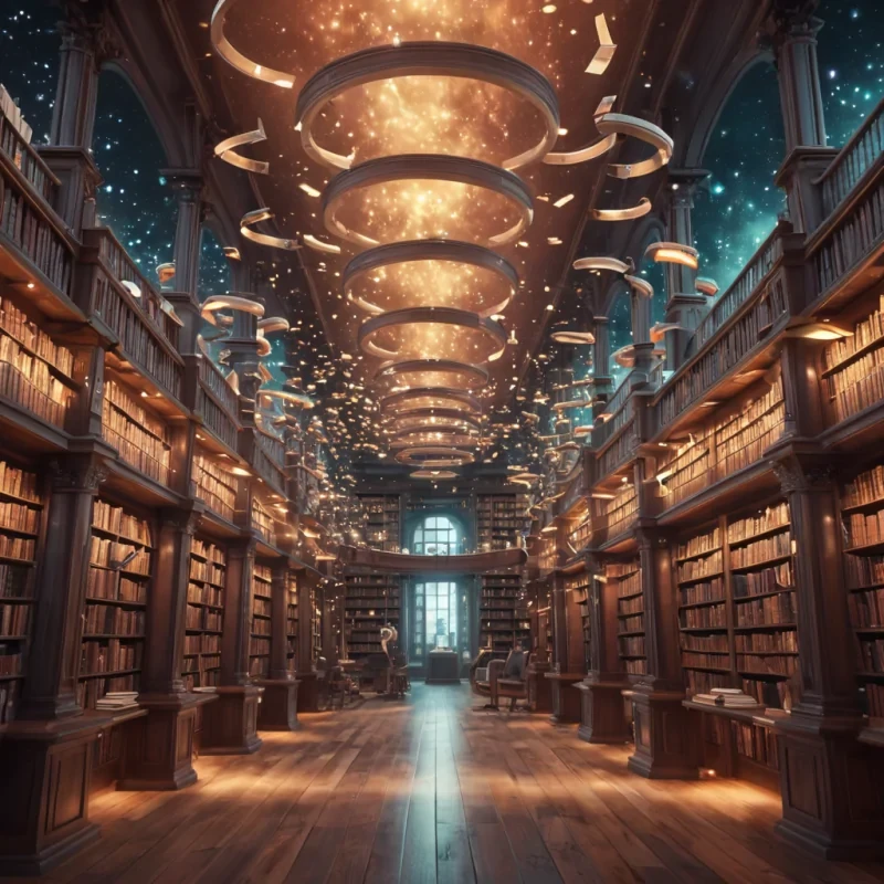 A colossal, levitating library filled with infinite, glowing scrolls, suspended in a starfilled void, with robotic librarians silently gliding between the floating shelves, hyperrealistic, ultra HD, cinematic lighting, volumetric lighting, atmospheric effects, bokeh effect, pastel tones, detailed textures.