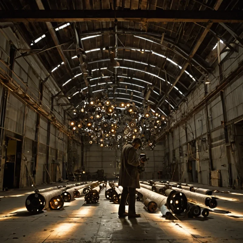 A horizontal, eyelevel medium shot of a vast, industrial interior space constructed from corrugated, rusted iron plates and exposed, intricate brass piping, illuminated by the harsh, directional beam of a single overhead sodiumvapor lamp. Suspended from the high, arched ceiling is a massive, horizontal array of antique film reels made of translucent, sepiatoned celluloid, each reel spinning slowly to project fragmented, glowing frames of abstract geometric patterns onto the dusty concrete floor below. The floor is scattered with discarded, vintage camera lenses of various sizes, their glass elements catching the amber light and creating sharp, circular reflections. In the foreground, a solitary figure wearing a heavy, textured wool coat in a muted slate grey stands still, their face