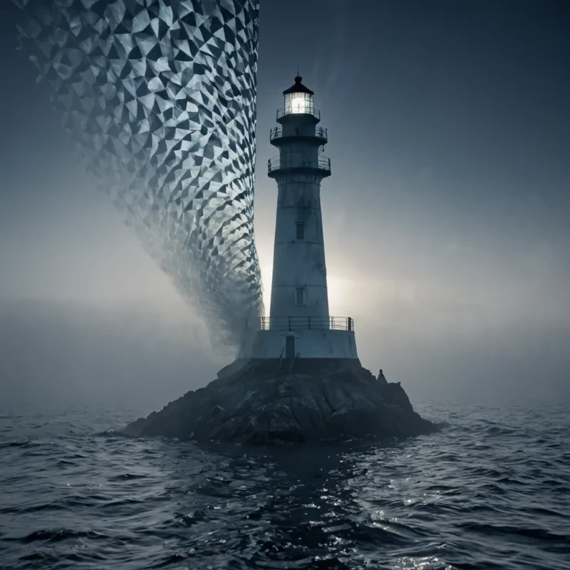A single, selffragmenting filament of crystallized silence pulses through the core of a floating, inverted lighthouse built entirely from the thermal afterimage of a thousand unlit beacons that never guided ships through the fog of a world that never sailed. The filament does not shineit unshines, each pulse dissolving a moment of navigational hope into its original disorientation, releasing a wave of negative luminescence that fractures the fabric of direction into a drifting mist of deep indigo, geometric waveforms, each one etched with the chromatic echo of a name that never shimmered across the surface of a sea that never knew a harbor. The lighthouses spiral staircase is not ascendingit unravels backward like the memory of