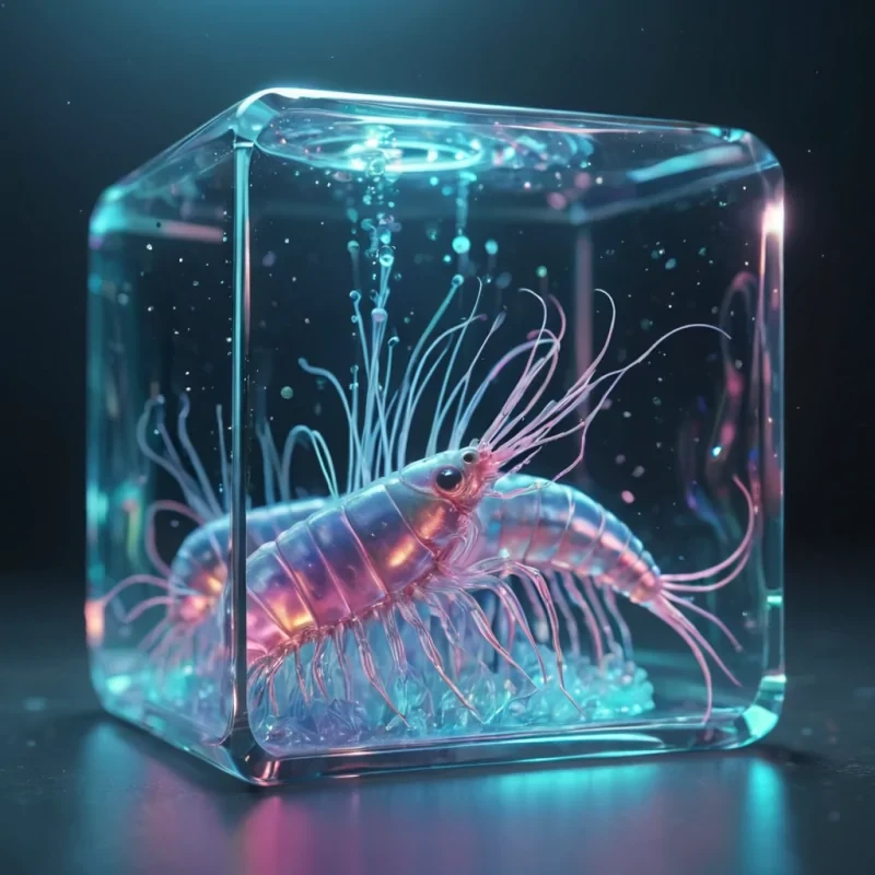 Hyperrealistic neon krill with reflective metallic appendages drifting in a cubic zirconium chamber filled with iridescent quantum mist, holographic filaments swirling in volumetric lighting, soft focus, pastel tones, 4K