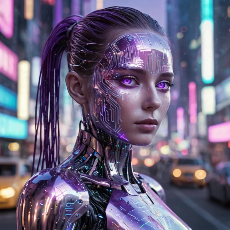 A hyperrealistic, 4K, ultra HD portrait of a futuristic android with iridescent, circuitetched skin that shimmers like liquid mercury. The androids eyes, a deep, electric purple, seem to pulse with lines of binary code. Their hair, a cascade of holographic fractals, gently pulses with an otherworldly glow. The background is a surreal, neonlit cityscape of towering skyscrapers and holographic advertisements, with a soft, ethereal glow casting an urban ambiance. Cinematic lighting accentuates the androids metallic features, while a subtle bokeh effect blurs the bustling city backdrop, creating a futuristic atmosphere.
