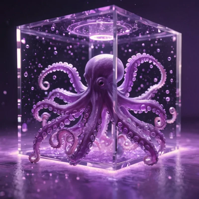 Hyperrealistic neon octopuses with reflective metallic tentacles dancing in a cubic amethyst chamber filled with glowing quantum droplets, holographic spirals twirling in volumetric lighting, soft focus, pastel tones, 4K