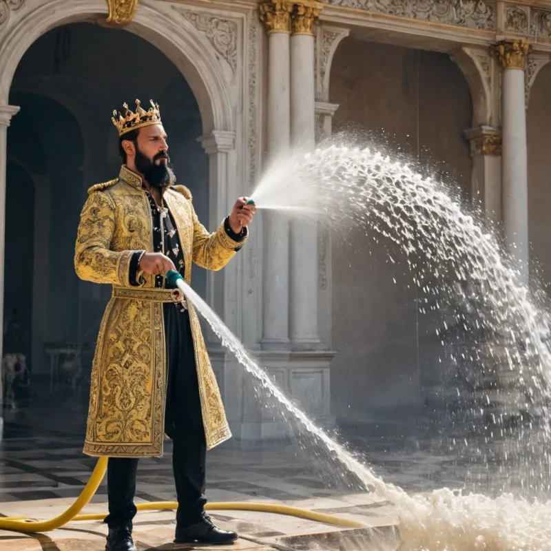 Modern, really handsome king with a close cut black beard is spraying huge amounts of water with a fire hose putting out a fire in the palace.