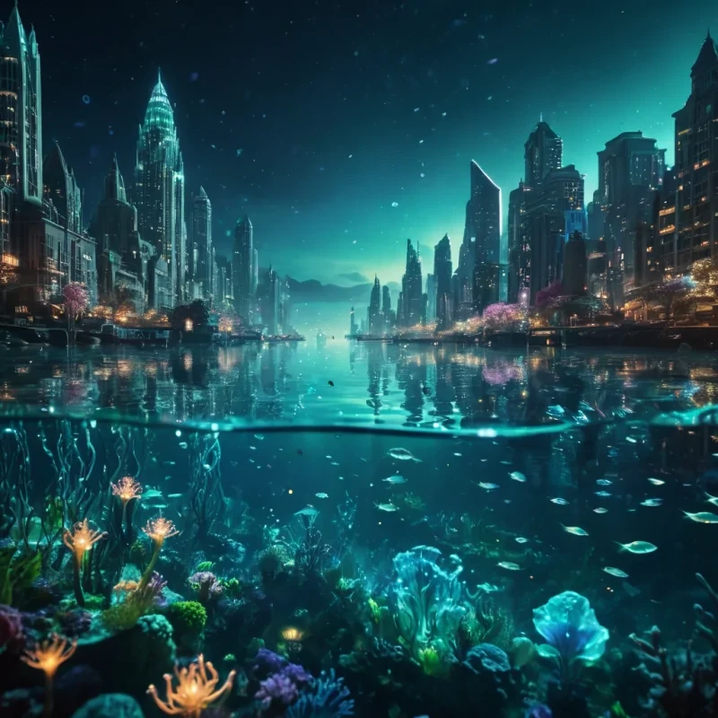 A vast, underwater cityscape illuminated by bioluminescent flora, where merfolk glide through crystalclear waters, hyperrealistic, ultra HD, cinematic lighting, volumetric lighting, atmospheric effects, dynamic lighting, bokeh effect, soft focus, lens flare, vibrant colors, detailed textures.