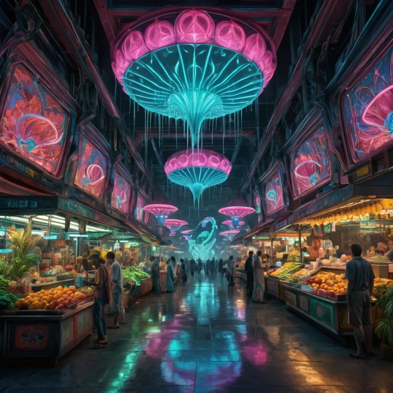 A hyperrealistic, 4K, ultra HD depiction of a vibrant, retrofuturistic marketplace in the heart of a bustling alien metropolis. The markets colorful, geometric stalls and neon signs are etched with intricate, alien symbols that shimmer in a kaleidoscope of vibrant hues. Volumetric lighting from the pulsating, bioluminescent plants casts a mesmerizing glow on the diverse array of alien vendors and patrons, each with unique, otherworldly features. Photorealistic, zerogravity fruit formations drift in a surreal dance above the shimmering, crystalline canals that wind through the market. In the heart of the marketplace, a towering, art deco water fountain spouts ethereal, luminescent liquid.