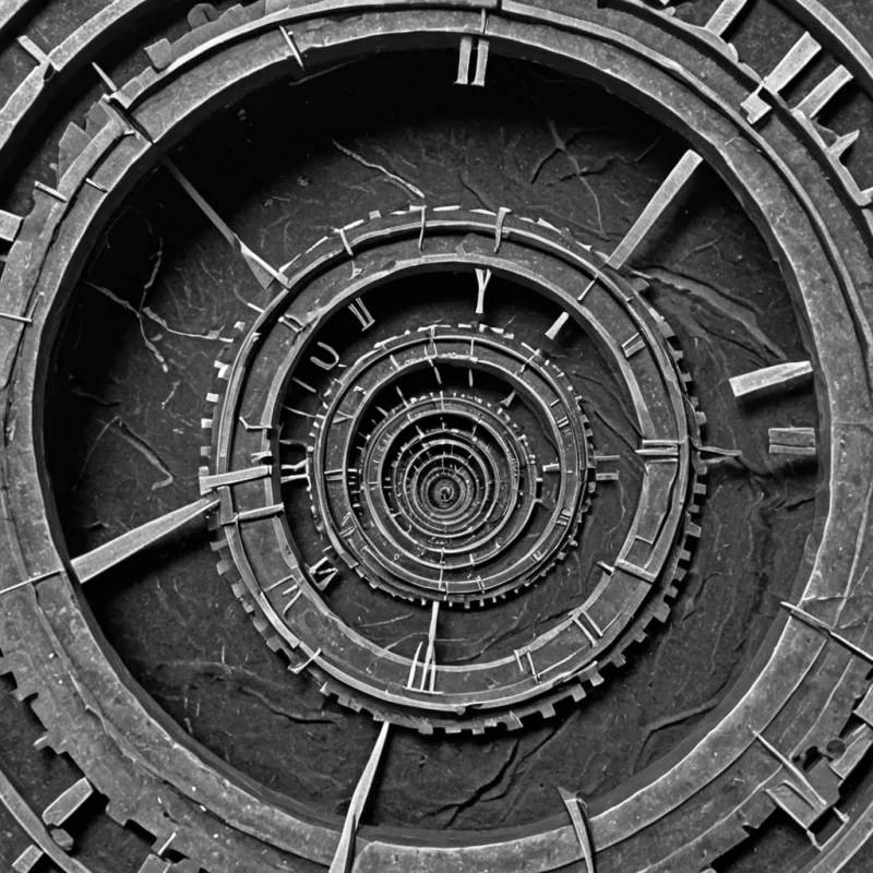 A single, selfresonating filament of reversed time, shaped like a 1,000,000,000,000,000,000,000dimensional spiral of unformed chronology and inverted causality, drifts through the hollow core of a vast, inverted clocktower of solidified stasis. Each twist is spun from the exact moment between a hand turning a gear and its refusal to advance, a second ticking into the void and dissolving into nonduration, a heartbeat syncing with the rhythm of a pendulum and collapsing into pure, unmeasured nonprogress. The spiral does not measure timeit unmeasures it, each trembling loop shedding a layer of temporal