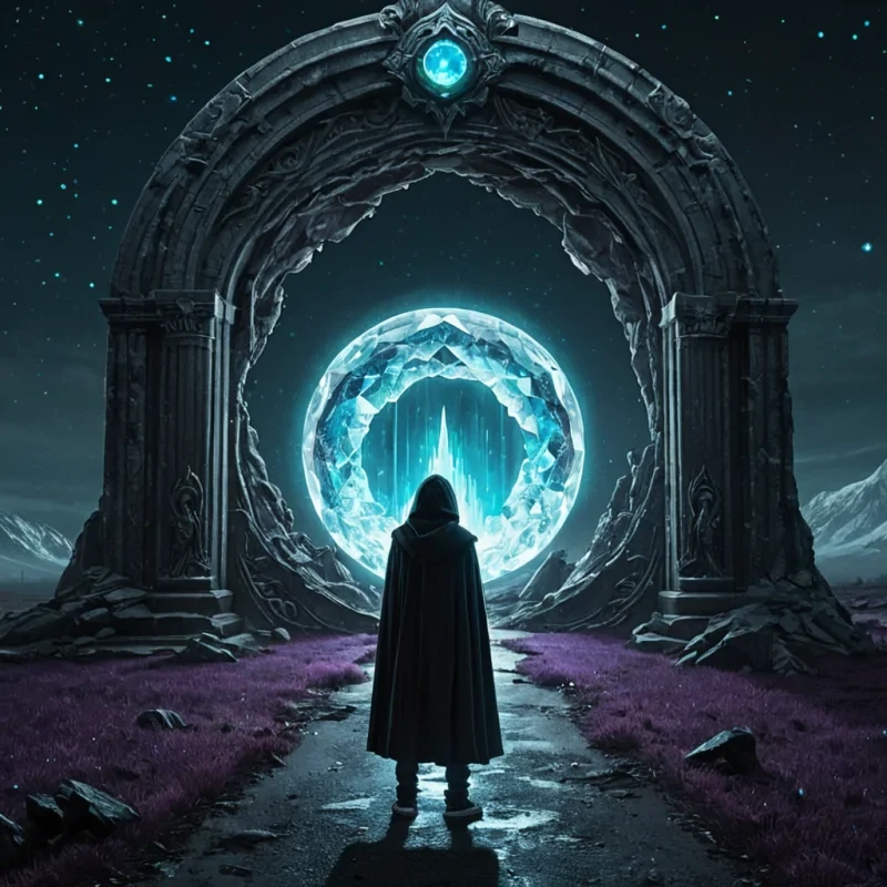 Left side Earth   A normal teenage boy standing alone.  Nighttime or rainy atmosphere.  Dark blue and gray colors.  A small forest, empty road, or abandoned field behind him.  His back is partly turned toward the viewer as he looks at the portal.  His clothes are ordinaryhoodie, jeans, sneakers.  This tells viewers Hes just a normal person.  Center  The portal should be the brightest part of the image.   A giant circular gateway made of glowing crystals.  Floating crystal shards orbiting around it.  Bright cyan, violet, and white light spilling onto both worlds.  The portal should look ancient, not like scifi technology.  Add mist and sparkling particles to make it feel magical.  The portal becomes the visual question What is on the other side?  Right side Crystal World  Instead of showing everything, reveal only part of the world.   Floating crystal mountains.  Crystal trees.  A palace carved from giant crystals in the distance.  A sky with two moons or glowing auroras.  Everything should feel elegant rather than chaotic.  This immediately communicates that its another world.  The girl  Dont make her look like a princess. Make her look important but mysterious.   Silver or white hair or whichever fits your story.  Long dark cloak with subtle crystal details.  Standing with her back mostly toward the viewer.  Looking at the boy through the portal.  One hand almost reaching toward him. Hidden detail  Near the girl, place two armored soldiers in the background. Not the focusjust silhouettes. Colors   Earth gray, black, muted blue.  Portal glowing cyan and violet.  Crystal World bright blue, purple, silver, and white.