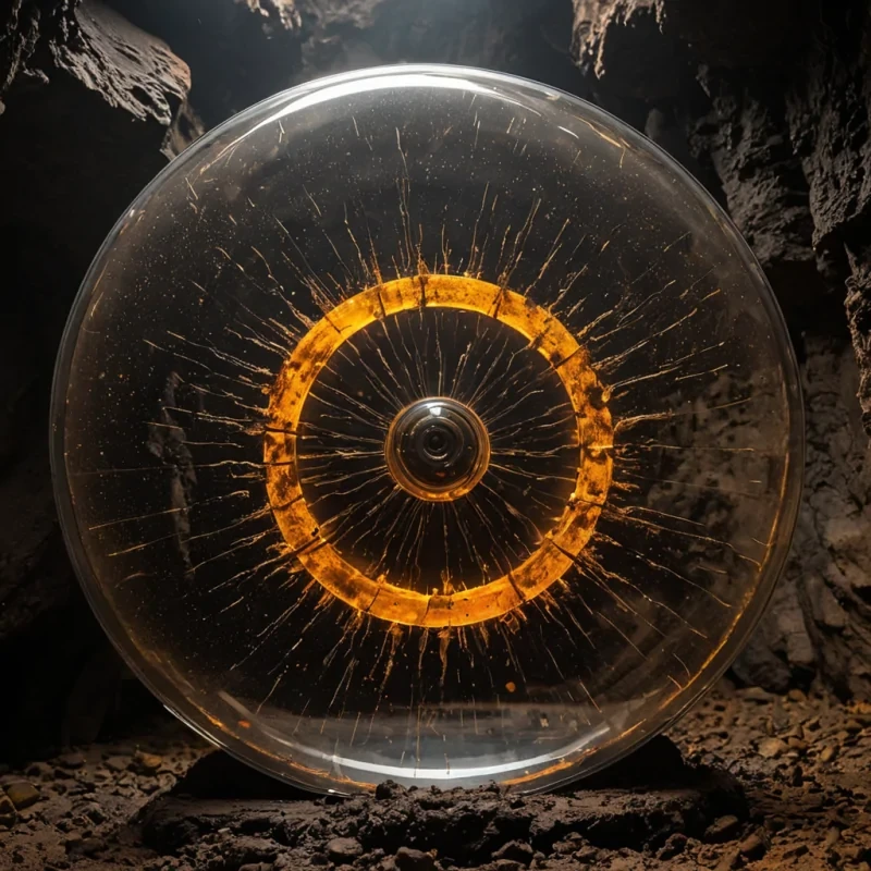 A dynamic, lowangle action shot of a massive, industrial centrifuge wheel spinning at blinding speed within a cavernous, humid cavern filled with suspended, heavy amber dust. The wheel is not metal, but composed of thousands of rigid, flat leaves made of dried, translucent amber resin, each leaf preserving a tiny, extinct insect in perfect clarity. As the wheel spins, it shatters the air, creating a visible shockwave of rippling, heatdistorted light that pushes the amber dust outward in concentric rings. In the center of the rotation, a single, stationary sphere of dense, black obsidian floats, perfectly still, defying the chaotic motion around it. The obsidian surface is covered in a thin layer of condensation,