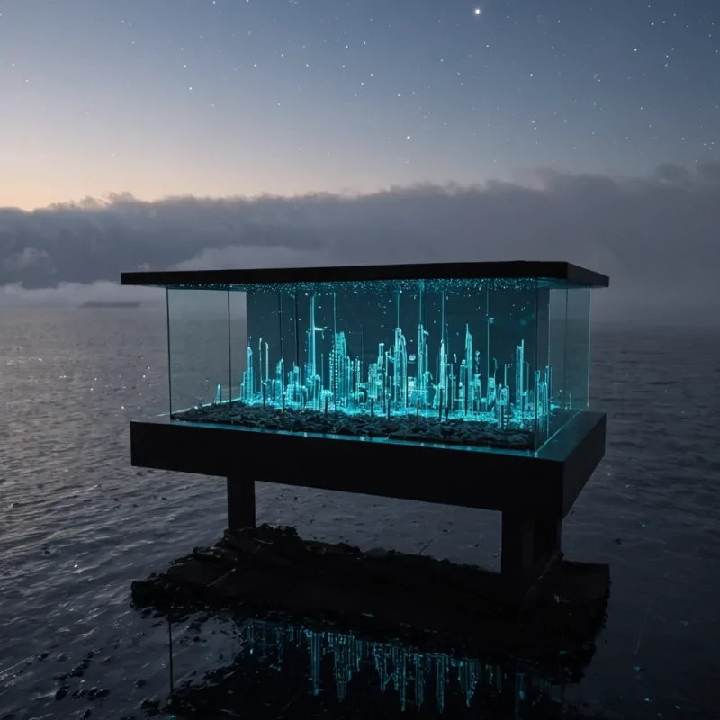 A horizontal, eyelevel medium shot of a solitary architects studio situated on the edge of a floating, rectangular platform made of raw, porous basalt stone, suspended high above a dense, rolling sea of luminous, white mist. The studio structure is constructed from translucent, honeycombpatterned amber resin panels that glow with a warm, internal light, revealing intricate blueprints and drafting tools inside. Outside, the air is thick with thousands of tiny, mechanical fireflies made of polished copper and glass, each emitting a soft, pulsing teal light that creates a starry effect against the deep indigo twilight sky. In the foreground, a sleek, white ceramic table holds a single, glowing holographic model of a futuristic city, while long,