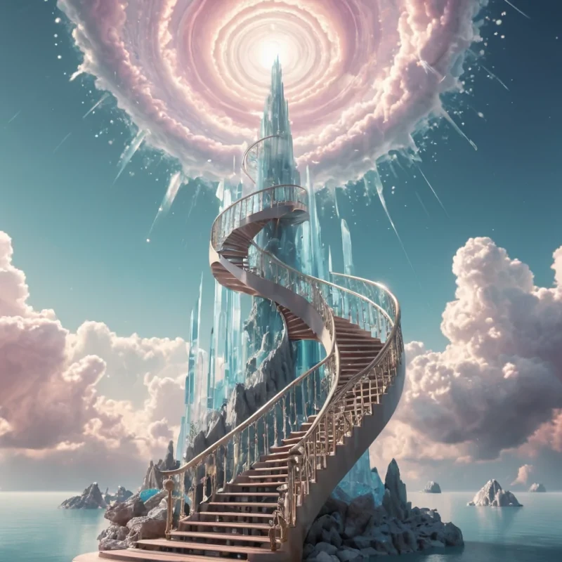 A colossal, crystal spire piercing a cloudless sky, with a spiral staircase ascending into the heavens, surrounded by floating, luminescent islands, hyperrealistic, Ultra HD, cinematic lighting, volumetric lighting, atmospheric effects, bokeh effect, pastel tones, detailed textures.