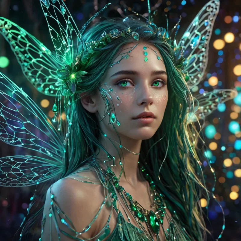A hyperrealistic, 4K, ultra HD portrait of a dreamweaver, her skin shimmering with the iridescent hues of a butterflys wing. The dreamweavers eyes, a deep, enigmatic emerald, hold the secrets of a thousand slumbering realms. Her hair, a cascade of shimmering, holographic dream fragments, gently pulses with each beat of her ethereal heart. The background is a surreal, hightech observatory filled with floating, selfassembling dreamcatchers and the soft glow of quantum lucidometers. Cinematic lighting accentuates the dreamweavers otherworldly beauty, while a subtle bokeh effect blurs the neonlit dreamscape, creating an intimate, focused