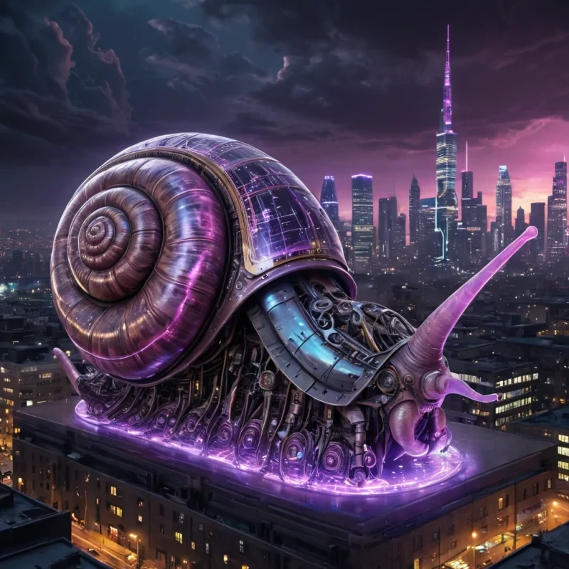 A colossal, ancient, mechanical snail, its metallic shell adorned with intricate, pulsating neon circuits, inches through a stormy, amethyst nebula. Within its transparent, bioluminescent body, a labyrinthine, neonlit cityscape sprawls, its towering, glass spires casting ephemeral shadows on the citys sentient, robotic inhabitants. Rendered in ultra HD, with dynamic lighting, atmospheric effects, and vibrant colors, evoking a sense of surreal, otherworldly wonder at this celestial, mechanical marvel.