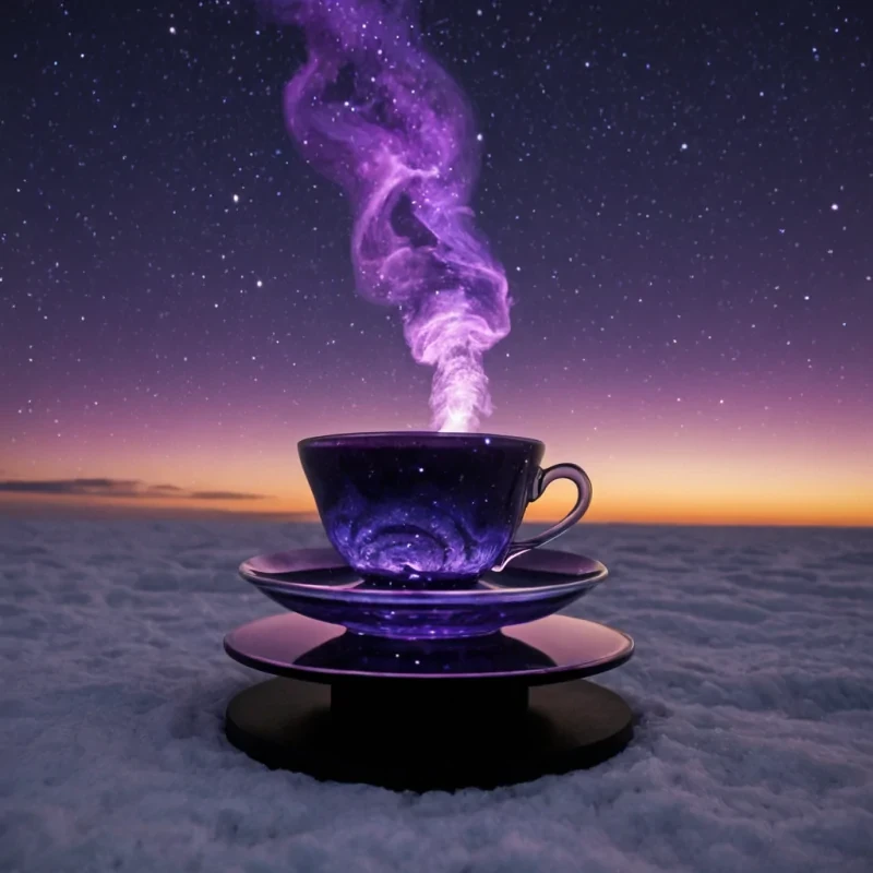 A single, translucent teacup made of solidified breath and woven twilight sits balanced on the edge of a floating, obsidian platform suspended in a vast, still sky of inverted auroras. The cup is not emptyit holds a single, swirling vortex of liquid shadow that pulses with the rhythm of a forgotten heartbeat, each ripple forming the shape of a word written in the language of unspoken questions. The handle is not metal, but a coiled tendril of solidified silence, humming faintly with the frequency of a lullaby never sung. Around it, the sky is not dark, but a deep, iridescent violet, streaked with slowmoving constellations that rearrange themselves into geometric patterns of regret, hope,