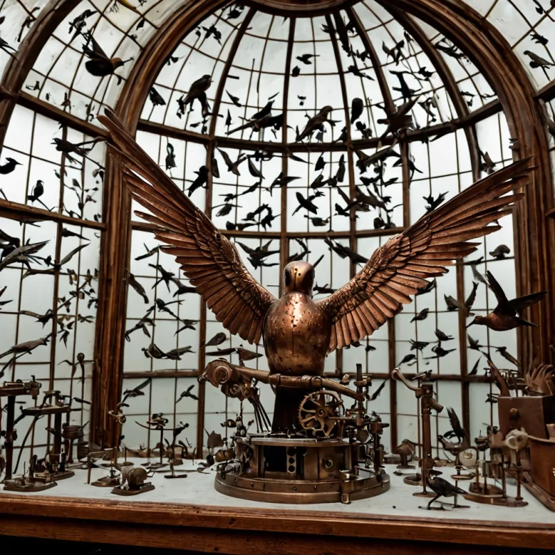 A horizontal, eyelevel medium shot of a serene, indoor sanctuary for clockwork avian rehabilitation, housed within a dome constructed from intricate, interlocking brass gears and frosted glass panes. The room is filled with dozens of small, mechanical birds made of polished copper, mahogany, and thin sheets of gold leaf, perched on slender, adjustable iron branches that extend from the walls. In the foreground, a delicate restorer with skin resembling warm, mattefinish clay and wearing a highcollared apron of stiff, white canvas adorned with pockets of tiny tools stands at a low, velvetdraped workbench. They are gently adjusting the wing mechanism of a dormant, intricate hummingbird using a pair of finetipped twe