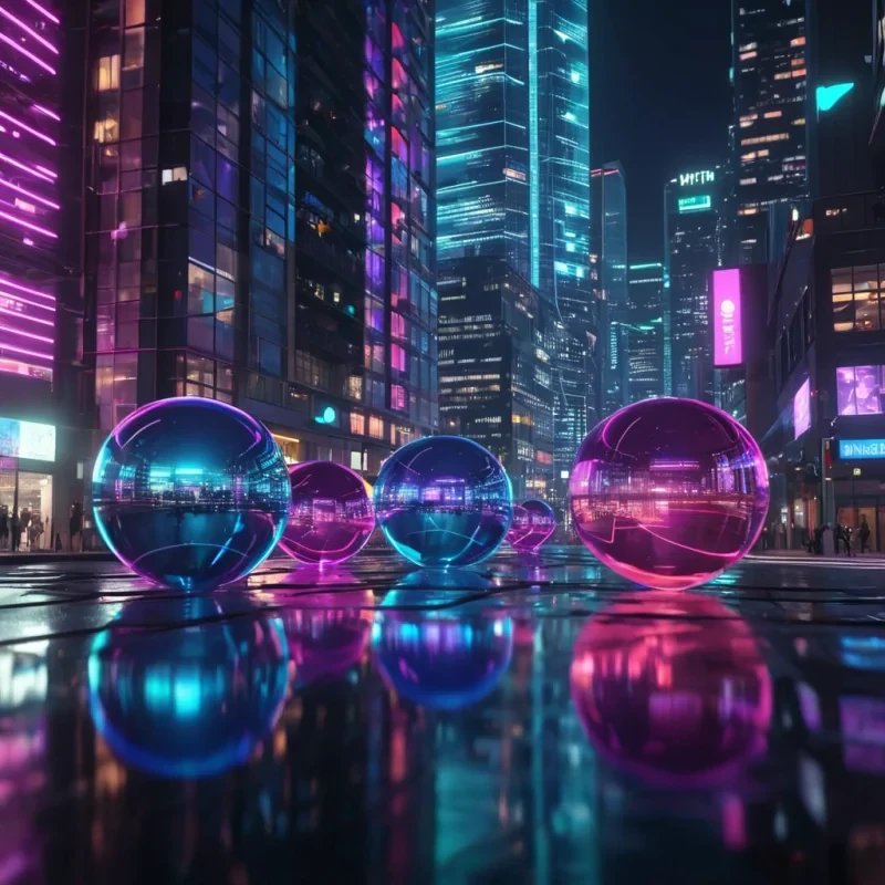 Hyperrealistic neon city at night with floating holographic spheres and reflective glass buildings, volumetric lighting, dynamic shadows, soft focus, vibrant colors, 4K