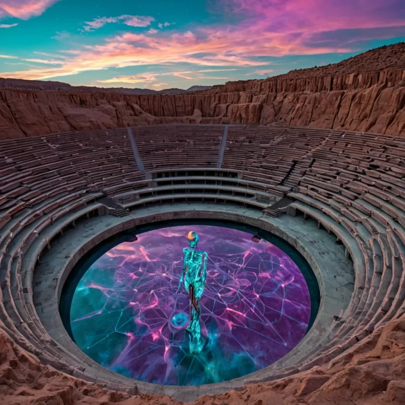 A wideangle, cinematic shot of a vast, openair amphitheater built into the side of a floating, porous limestone cliff in a highaltitude desert, where the seating tiers are formed by thousands of interlocking, geometric terracotta tiles in warm burntorange and ochre hues. The stage area is a massive, shallow basin filled with still, mirrorlike mercury that reflects a sky filled with swirling, iridescent oilslick clouds in shades of violet, teal, and gold. Suspended above the basin is a intricate, skeletal framework of thin, glowing neon filaments in soft pink and cyan, arranged in the shape of a delicate, abstract neural network. A solitary figure, dressed in a flowing, textured robe made of woven