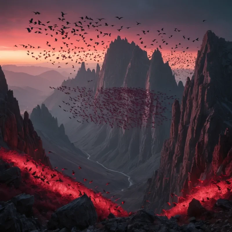 Crimson Convergence A hyperrealistic, Ultra HD swarm of crimson, bioluminescent birds, each with intricate, detailed plumage, converges upon a desolate, cinematic mountaintop at twilight. The birds vibrant, pastel glow illuminates the alien, monochromatic landscape, casting intricate, dynamic shadows across the craggy peaks. The swarms collective, volumetric lighting creates a soft, ethereal bokeh effect that dances with the scenes lens flare, as the birds rhythmic, atmospheric calls echo through the thin, atmospheric air.