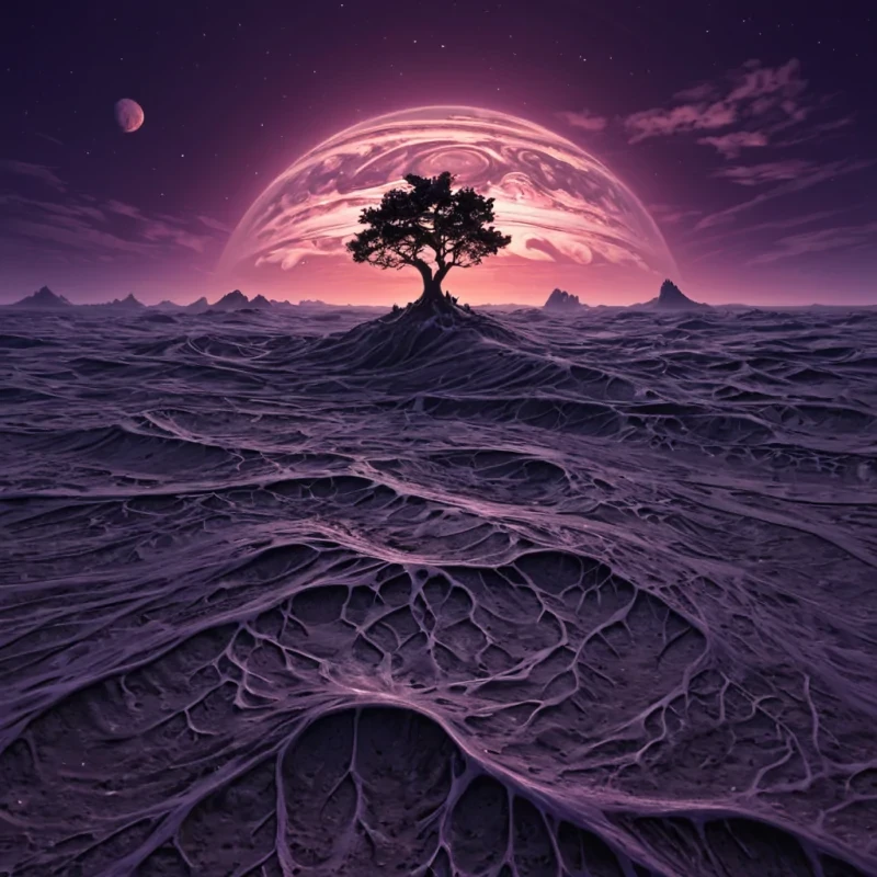 A single, floating island of solidified twilight drifts through the upper atmosphere of a gas giant with no gravity, its surface not land, but a vast, undulating plain of compressed, frozen duskeach ripple revealing the faint, ghostly afterimage of a sunset that never occurred, captured in the exact moment it was imagined by a child on a distant, forgotten world. The island is anchored by a single, colossal root made of solidified silence, stretching down into the planets swirling, neonlit clouds like a black tendril of soundless memory. Around it, the sky is not dark, but a deep, shifting lavender, streaked with veins of liquid shadow that pulse with the rhythm of a forgotten heartbeat. The islands