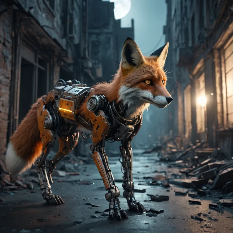 A melancholic cyborg fox wanders through a postapocalyptic city, its mechanical leg glinting under the moonlight, as it carries a small, glowing orb that casts eerie shadows on the crumbling walls, hyperrealistic, 4K, cinematic lighting, volumetric lighting, atmospheric effects, dynamic lighting, bokeh effect, soft focus, lens flare, cool blues, muted grays, and faded reds, detailed textures.