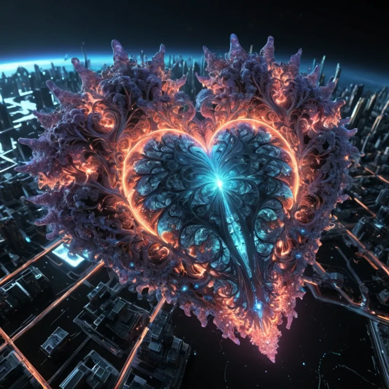 Photorealistic, colossal, levitating, fractal, opalescent, coral metropolis, its 4K, ultra HD, gemstone structures unfurling zero gravity, aerodynamic ecosystems. Volumetric lighting from unseen, pulsating, bioluminescent hearts etches the citys ethereal, geometric architecture, casting intricate, dynamic, neon shadows on the inverted, reflective void. Cinematic lighting bathes the scene in vibrant, otherworldly hues, with lens flare emphasizing the citys central, radiant, throbbing, opalescent heart, pulsating with captive, alien, aerothermal energy. Photorealistic, fractal, gemstone structures unfurl ultra HD, zero gravity, aerodynamic