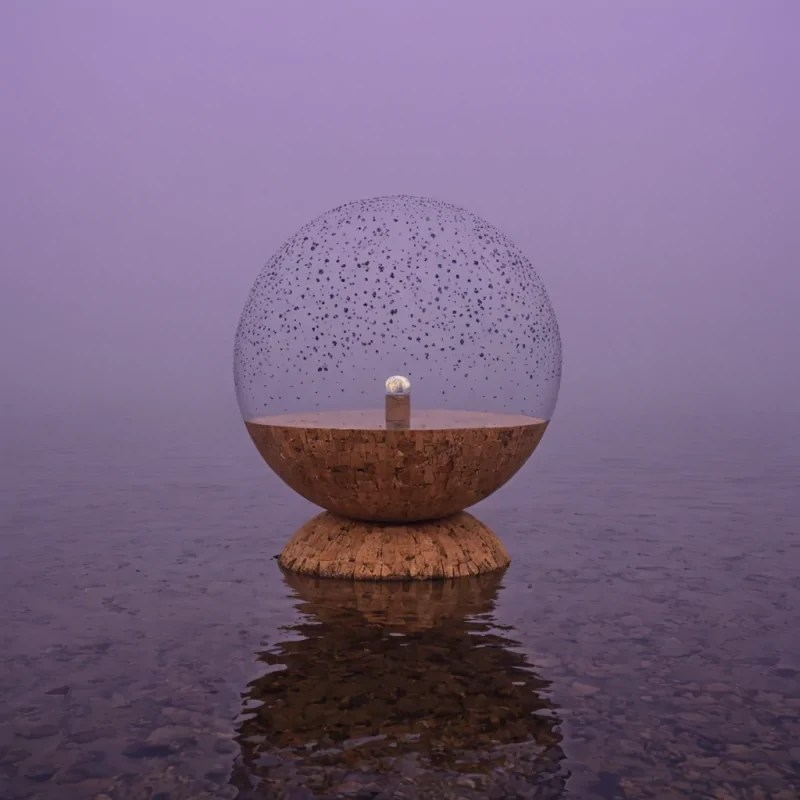 A surreal, symmetrical composition of a floating, geometric island made of dense, honeycombstructured cork, suspended in a void of soft, diffused lavender mist. The island is not solid but appears porous, with thousands of tiny, spherical air pockets visible within the ambertoned material, each reflecting a faint, warm sunlight that seems to originate from within the structure itself. Draped over the edges of the cork island are long, flowing ribbons of liquid silver that defy gravity, spiraling upward into the mist without touching the surface. In the center of the island, a single, perfect sphere of clear water sits balanced on a point, containing a miniature, rotating galaxy of tiny, bioluminescent blue stars. The lighting is