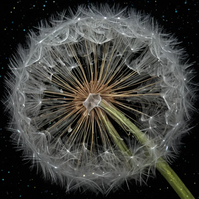 A single, selfilluminating dandelion made of solidified starlight and woven quantum foam blooms in the center of a vast, still void composed entirely of compressed, fossilized dreams, its seeds not floating but spiraling inward like the memory of a breath exhaled into the infinite. The dandelion does not growit unfolds, each petal revealing not color, but a new, impossible dimension of meaning that refracts not light, but the emotional residue of a thought that never formed. The seeds are not dustthey are microsingularities, each one a tiny, spinning universe containing the echo of a single, unspoken wish. The void beneath is not emptyit is a thick, viscous layer of