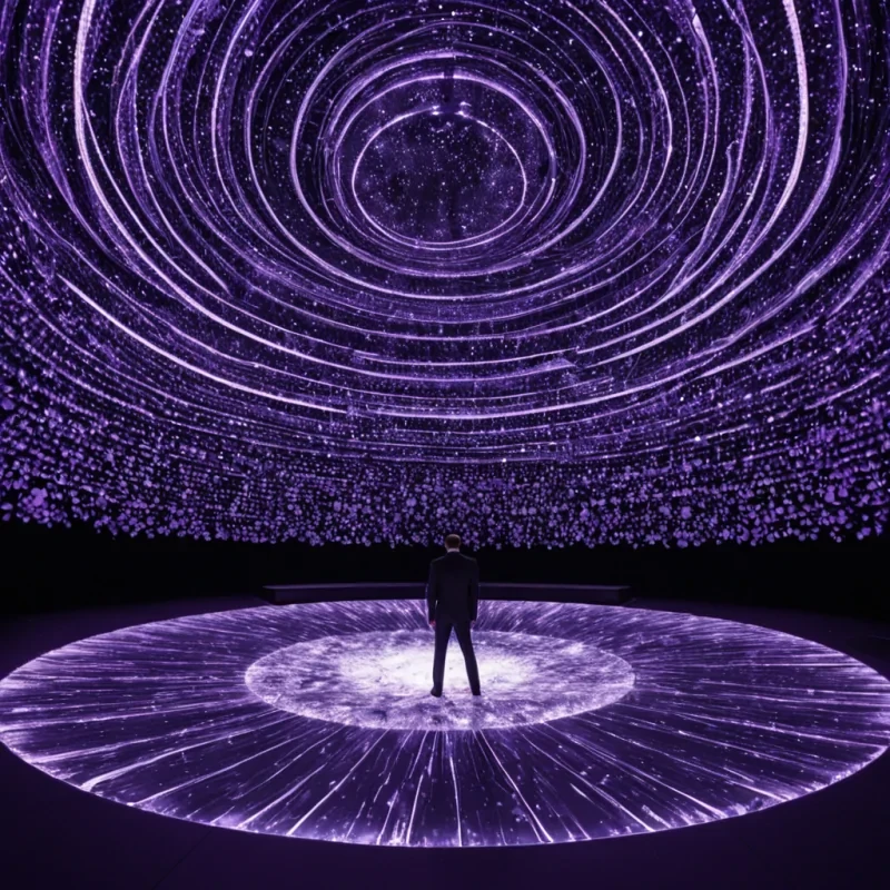 A horizontal, eyelevel wide shot of a vast, suspended amphitheater built entirely from woven strands of glowing, fiberoptic cable, set against the backdrop of a deepspace nebula swirling in hues of violet and indigo. The seating tiers curve inward like the petals of a cosmic flower, each row emitting a soft, rhythmic pulse of warm amber light that travels from the center outward. In the center stage, a colossal, translucent sculpture of frozen liquid mercury captures and refracts the ambient starlight, creating complex, shifting caustic patterns on the floor made of polished, dark slate tiles. In the foreground, a figure wearing a minimalist, asymmetrical suit of matte white ceramic plates and flowing, sheer organza fabric stands with arms
